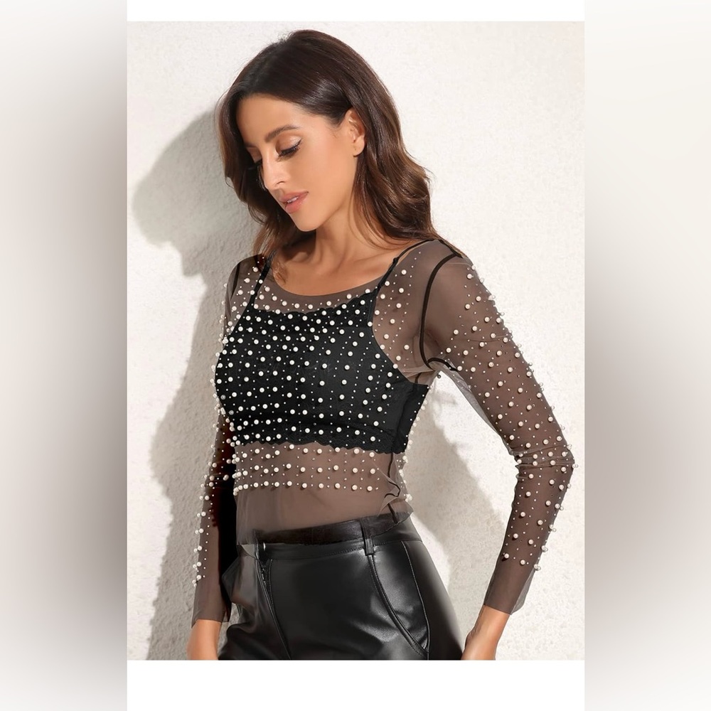 Pearl rhinestone see through long sleeve mesh top